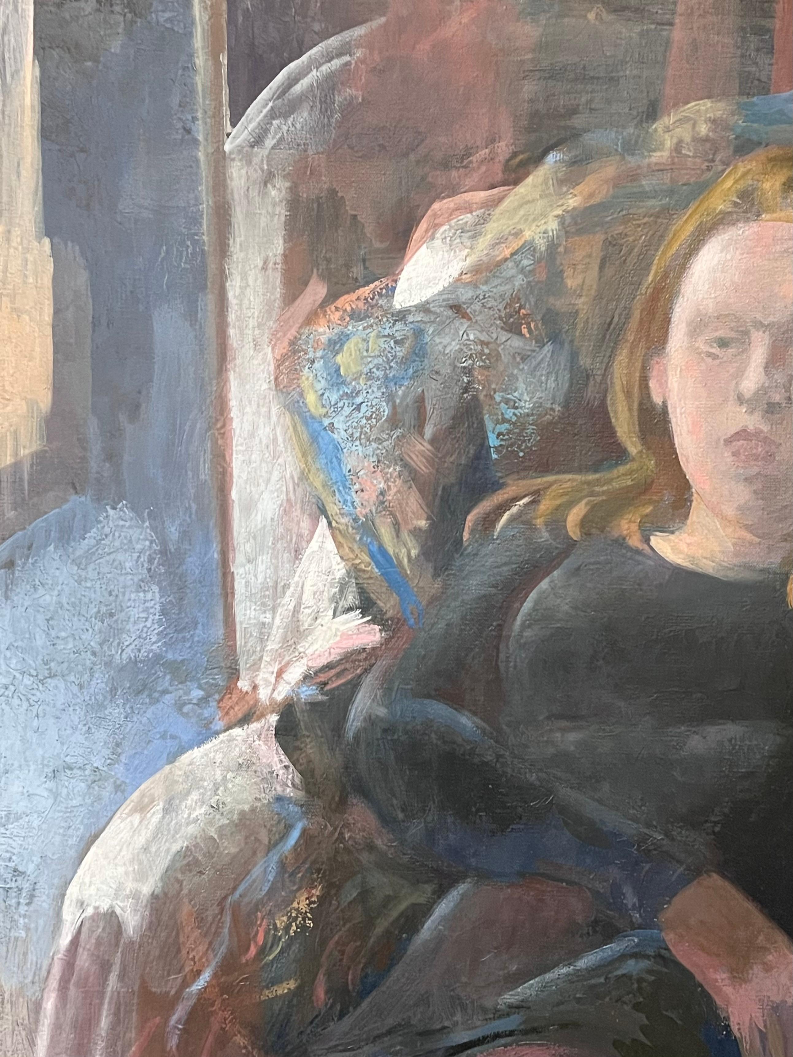 Französisch Impressionist Ölgemälde einer Posed Dame saß in großen Sessel (Schwarz), Figurative Painting, von Bernadette Kelly