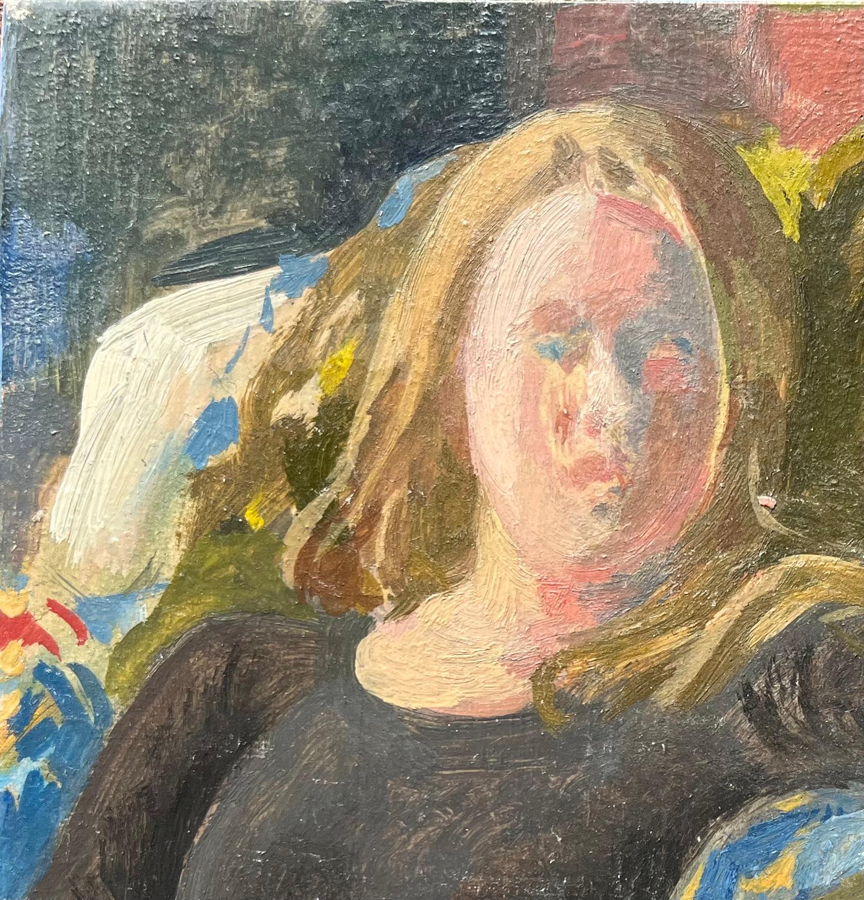 Quadro a olio impressionista francese raffigurante una donna seduta in un interno vibrante - Painting di Bernadette Kelly
