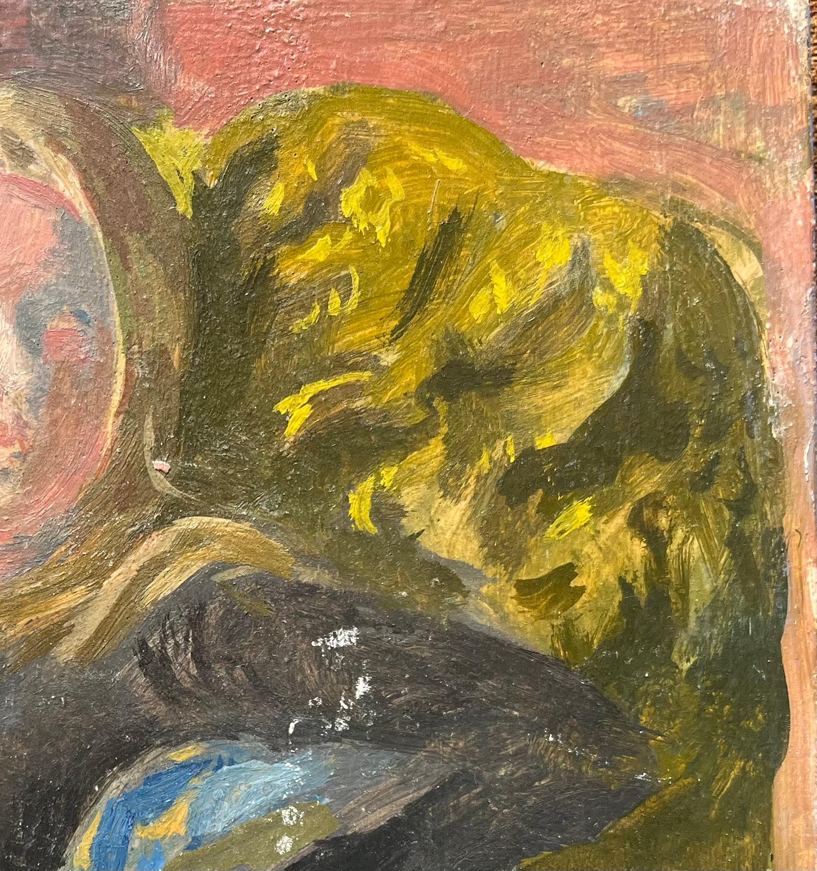 Quadro a olio impressionista francese raffigurante una donna seduta in un interno vibrante - Painting Moderno di Bernadette Kelly