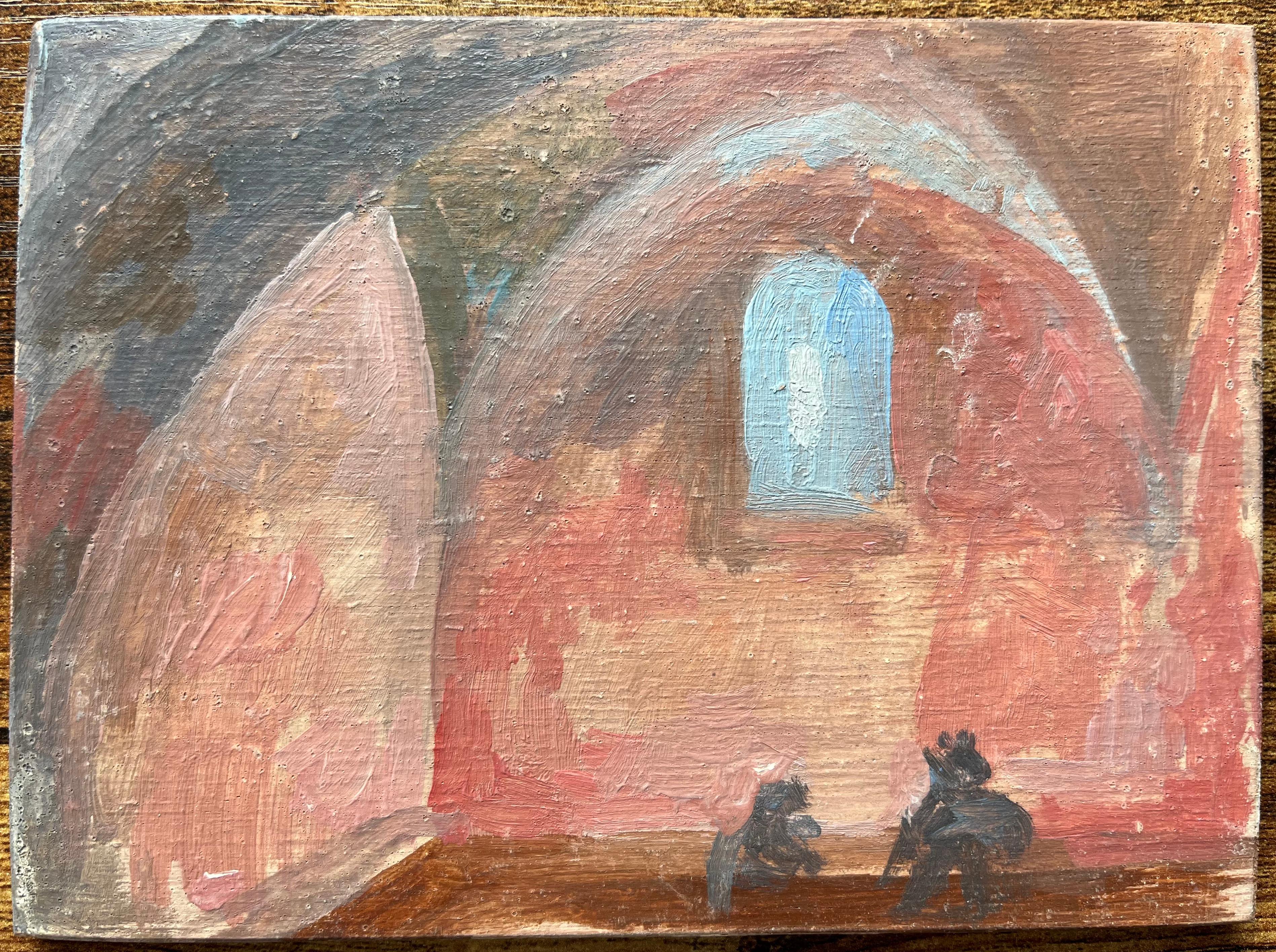 Französisches impressionistisches Ölgemälde eines gewölbten Innenraums mit Figuren, im Impressionismus – Painting von Bernadette Kelly