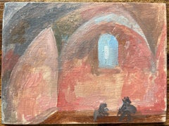 French Impressionist Oil Painting of an Arched Interior with Figures