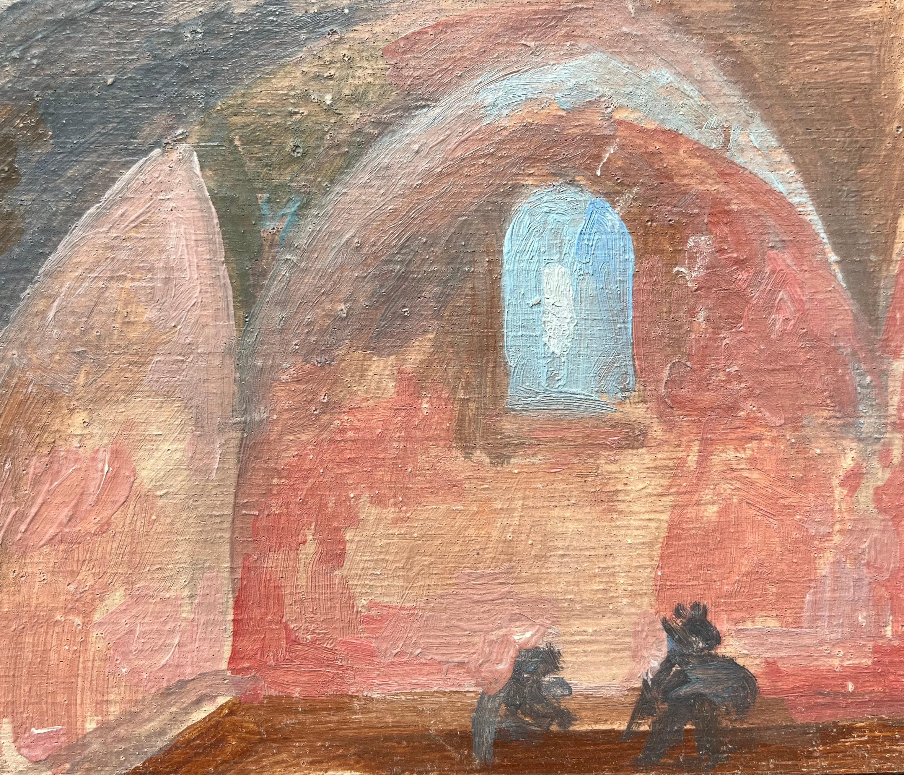 Französisches impressionistisches Ölgemälde eines gewölbten Innenraums mit Figuren, im Impressionismus (Braun), Figurative Painting, von Bernadette Kelly