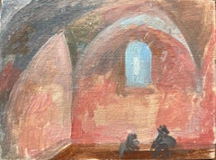 Dipinto a olio impressionista francese raffigurante un interno ad arco con figure