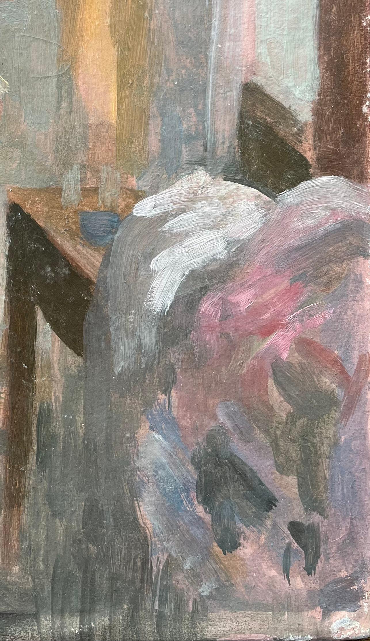 Pintura al óleo impresionista francesa de una escena interior con tela drapeada - Painting Moderno de Bernadette Kelly