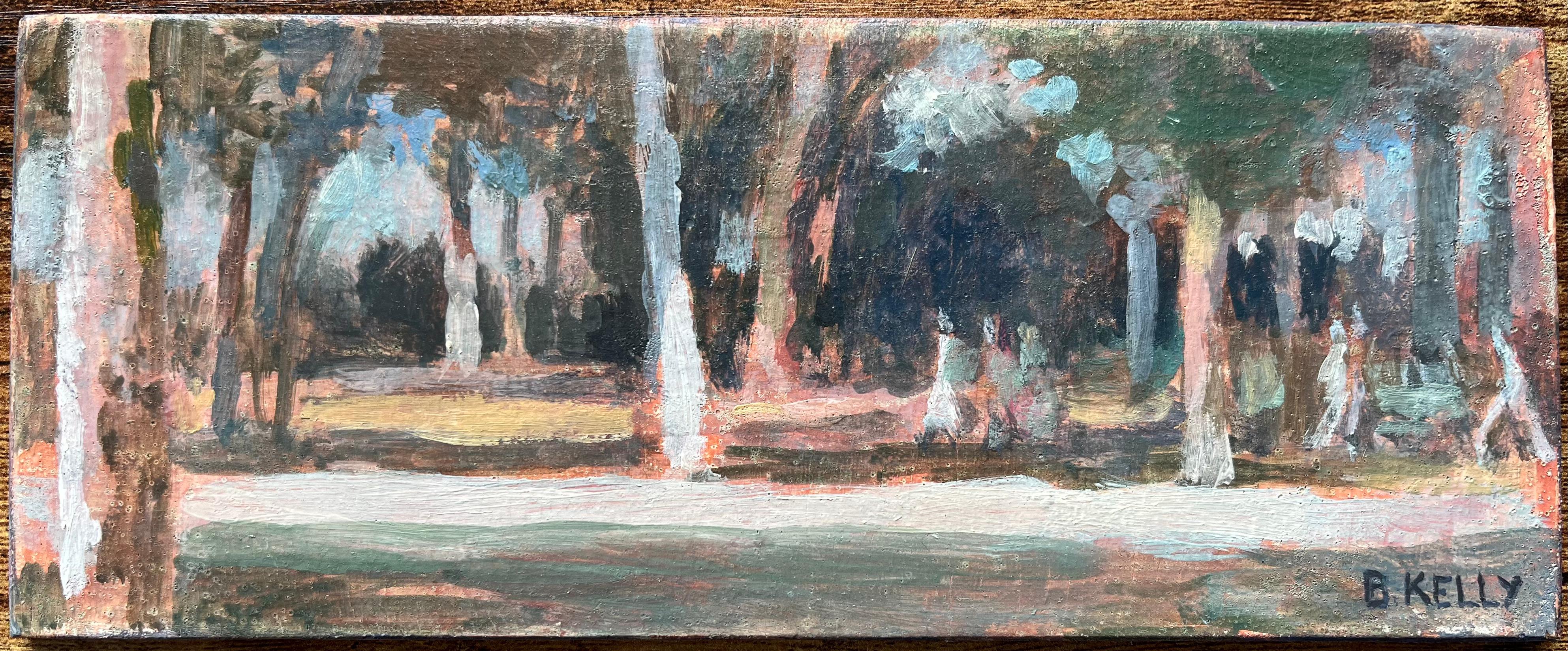 French Impressionist Oil Painting of Figures Strolling in a Tree-Lined Park - Gray Figurative Painting by Bernadette Kelly