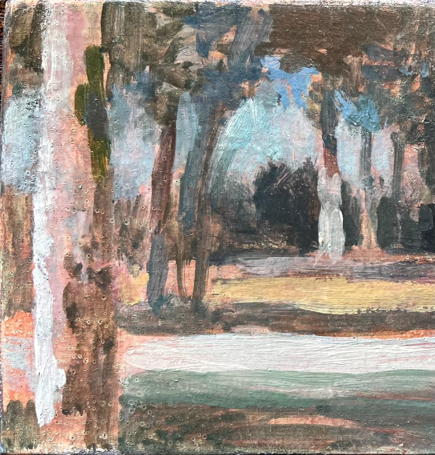 Title:  French Impressionist Oil Painting of Figures Strolling in a Tree-Lined Park
by Bernadette Kelly (French b. 1933)
Signed
Medium: oil painting on board, unframed
Painting size: 3.75 inches (height) x 9.25 inches (width)
Condition: overall good