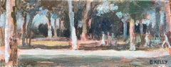 Quadro a olio impressionista francese con figure che passeggiano in un parco alberato