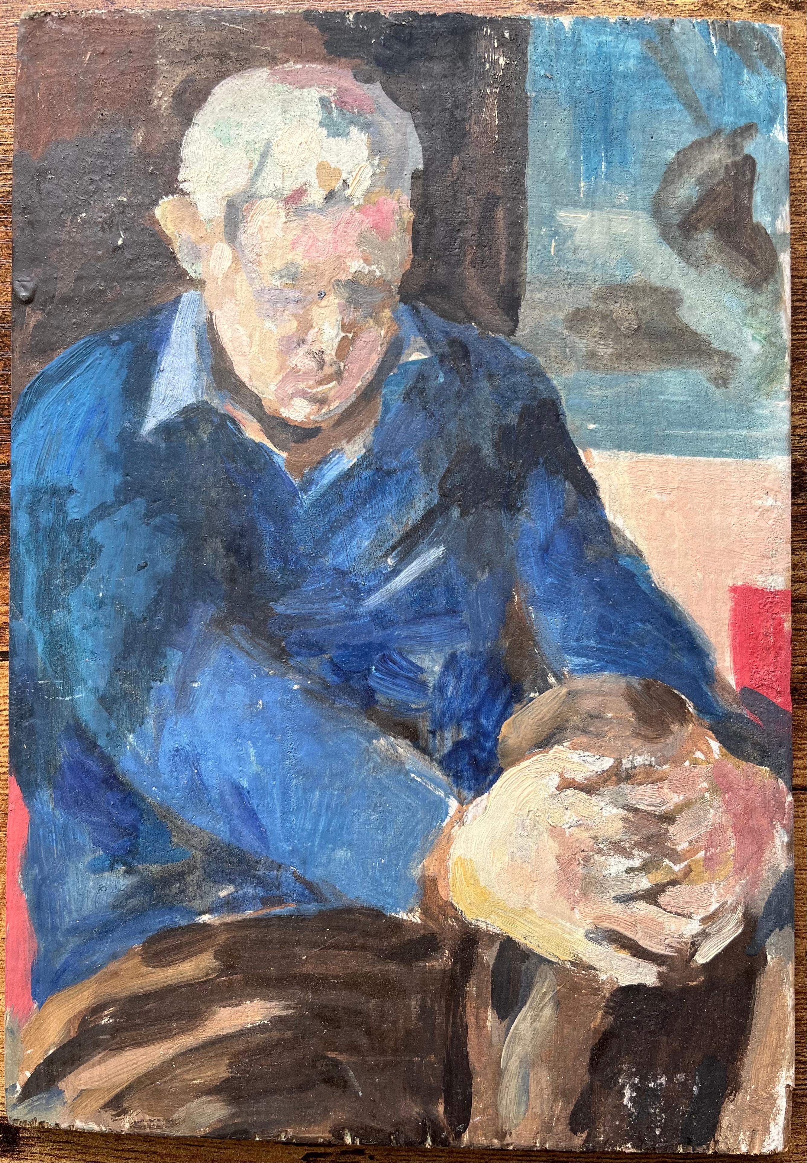 Retrato impresionista francés de un anciano vestido de azul sentado en un reflejo - Painting de Bernadette Kelly