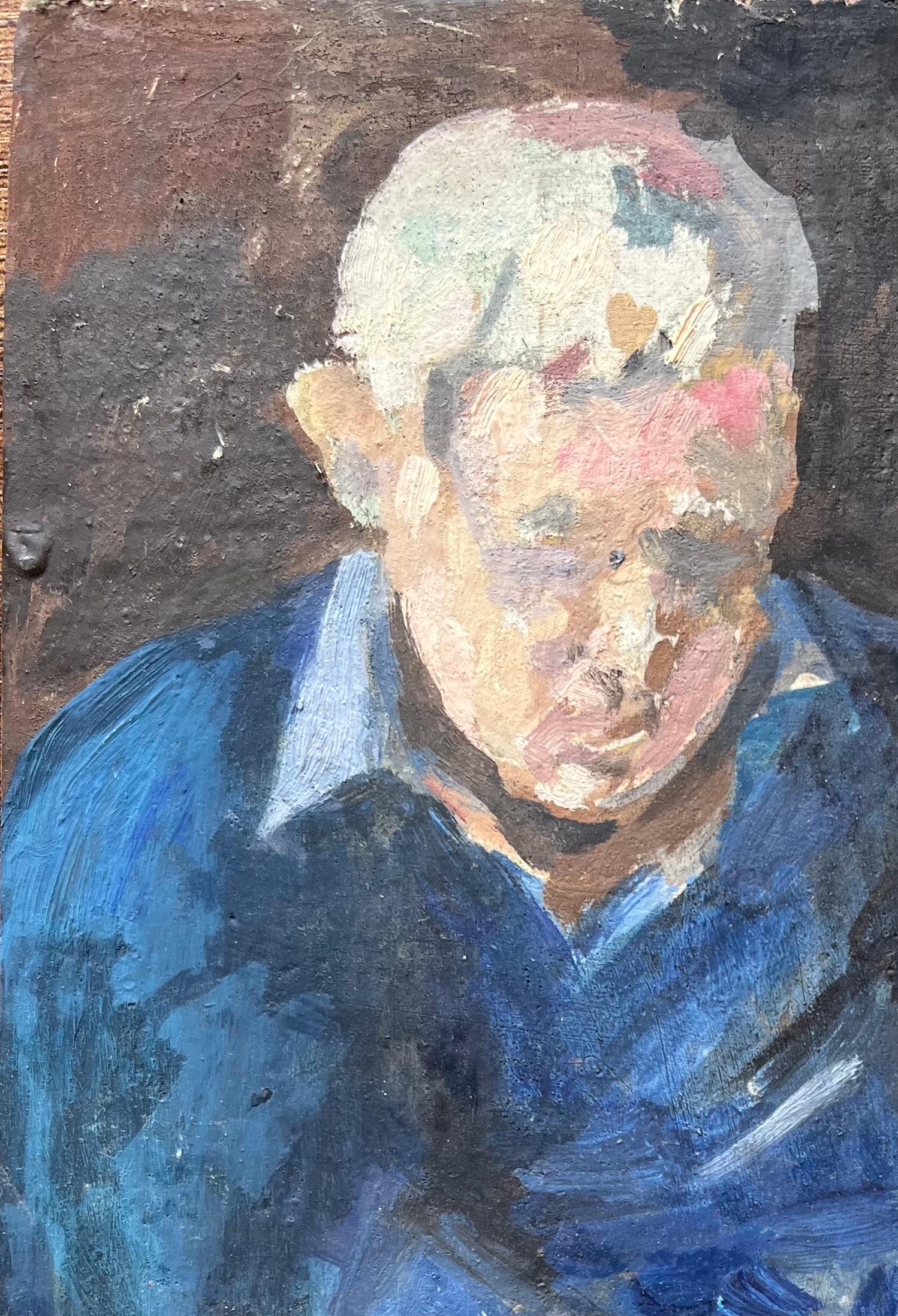 Retrato impresionista francés de un anciano vestido de azul sentado en un reflejo - Painting Moderno de Bernadette Kelly