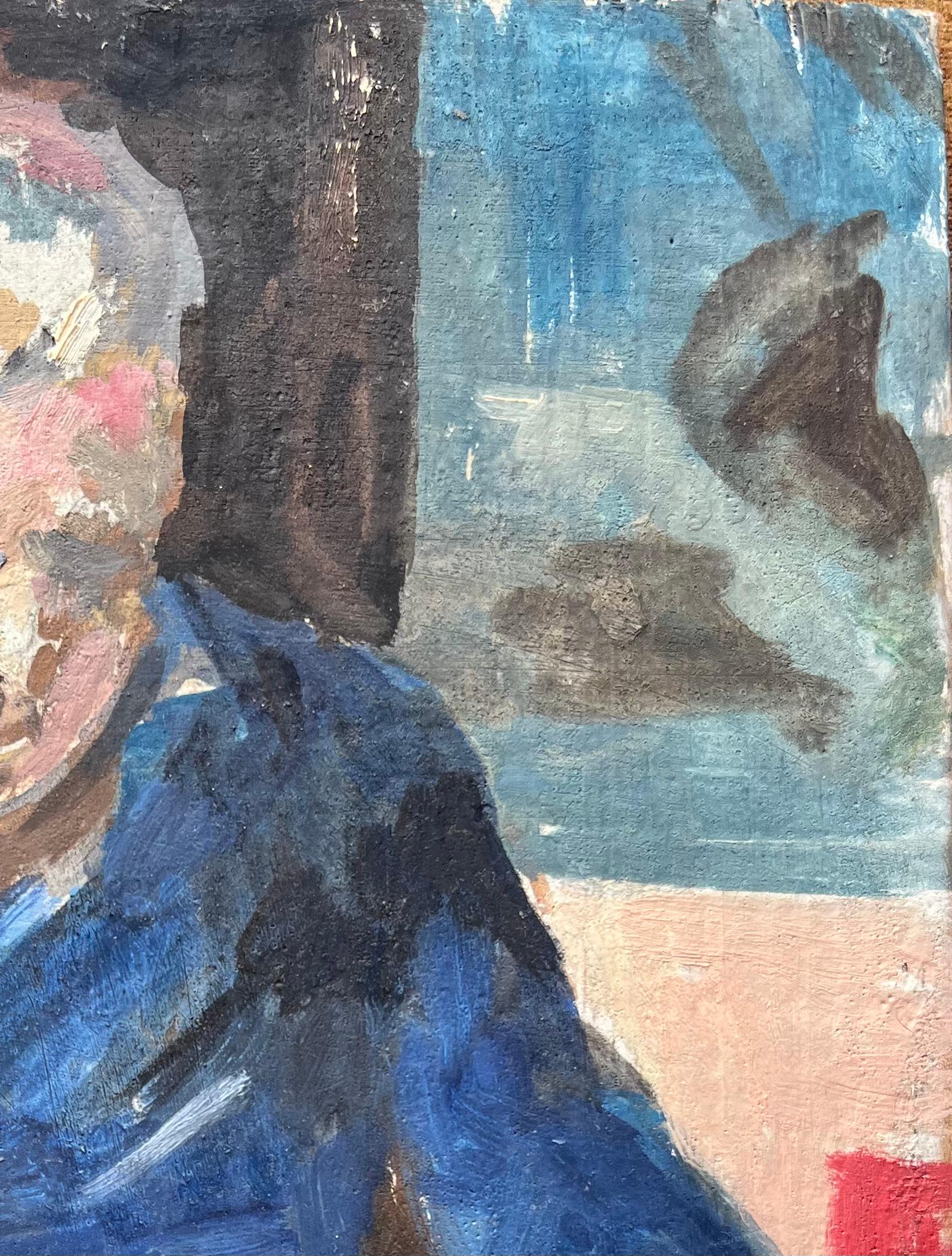 Retrato impresionista francés de un anciano vestido de azul sentado en un reflejo - Figurative Painting Gris de Bernadette Kelly