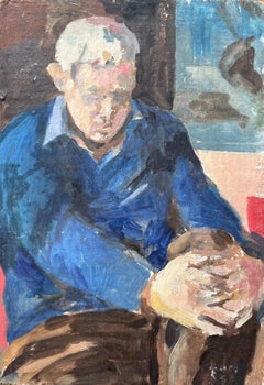 Retrato impresionista francés de un anciano vestido de azul sentado en un reflejo