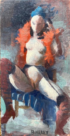 Óleo modernista francés de una cabaretera desnuda con boa de plumas
