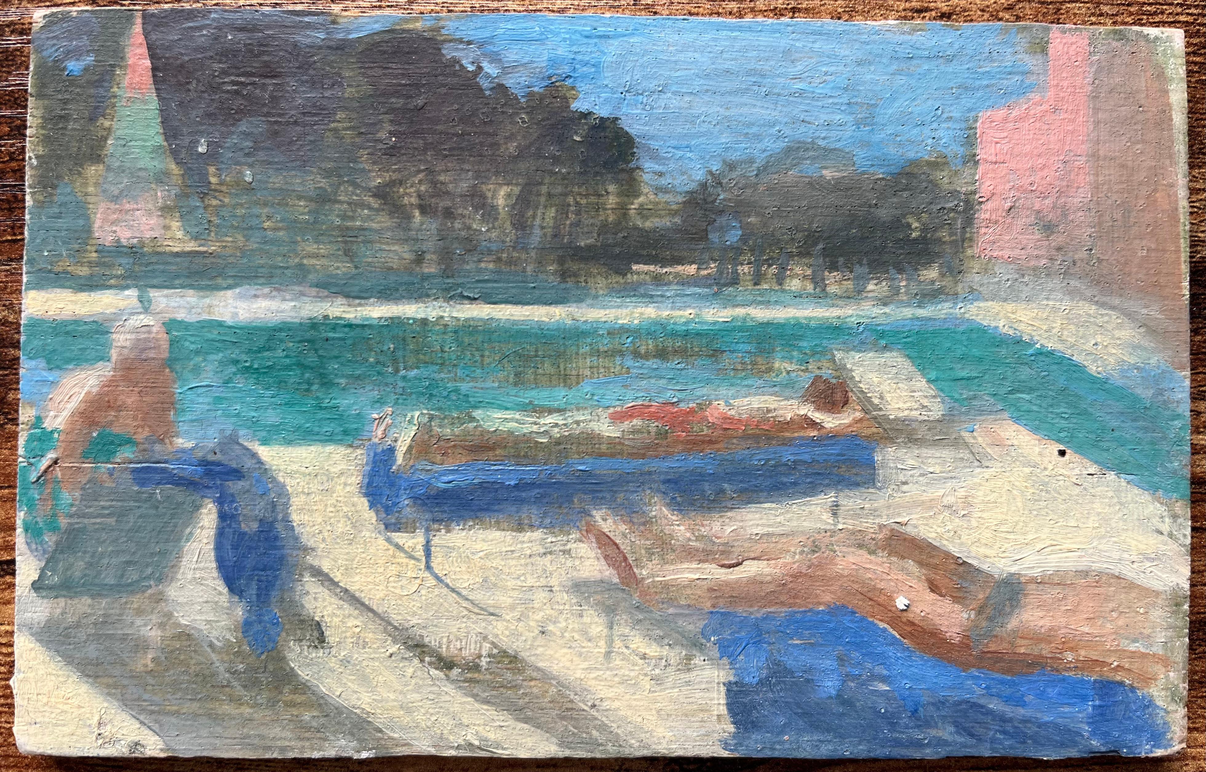 Quadro a olio modernista francese con scena di piscina illuminata dal sole e figure che prendono il sole - Painting di Bernadette Kelly