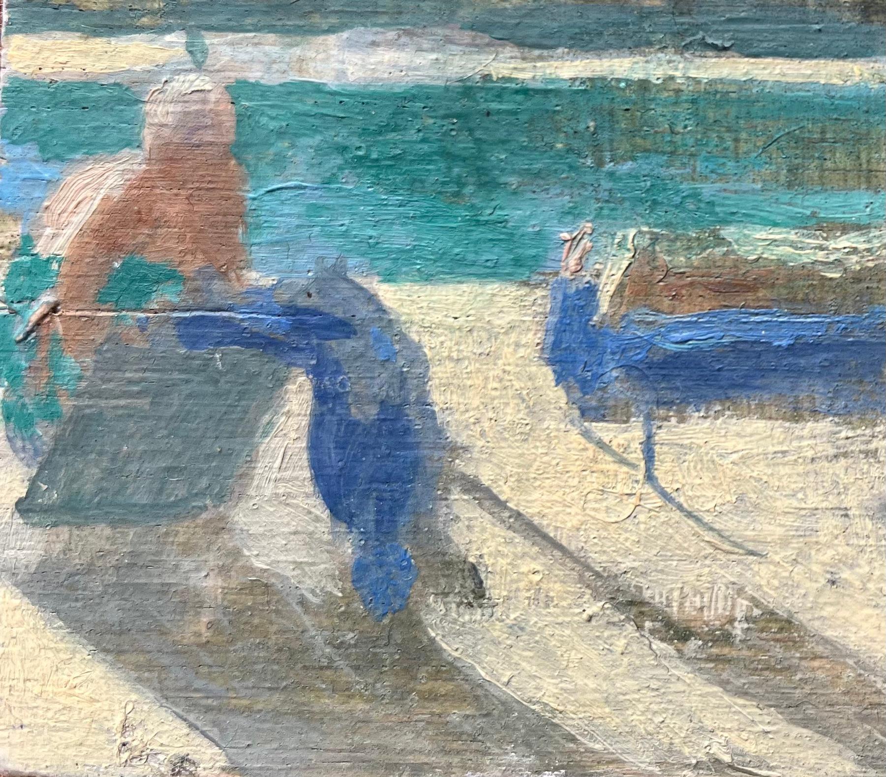 Quadro a olio modernista francese con scena di piscina illuminata dal sole e figure che prendono il sole - Painting Moderno di Bernadette Kelly