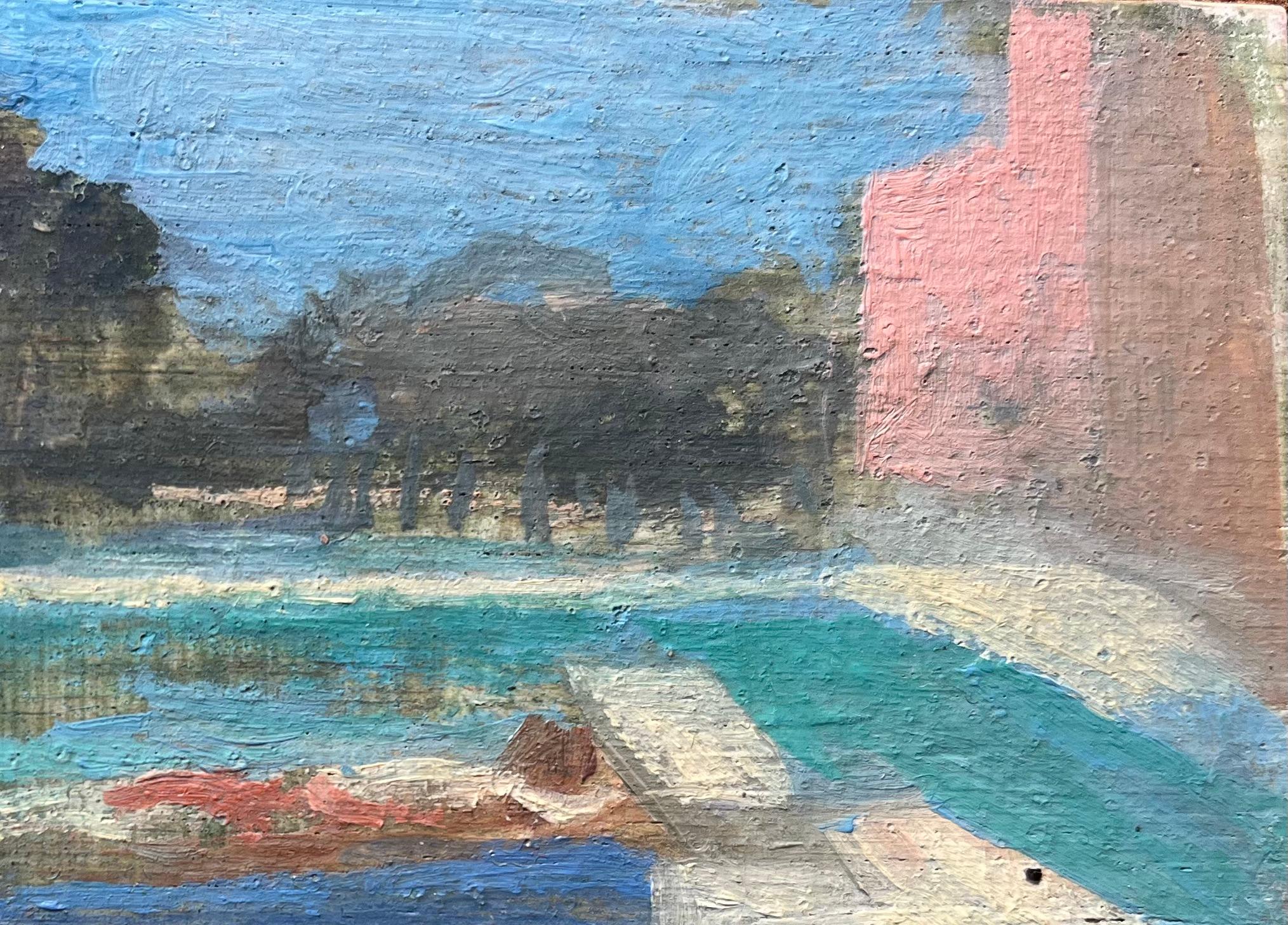 Quadro a olio modernista francese con scena di piscina illuminata dal sole e figure che prendono il sole - Interior Painting Grigio di Bernadette Kelly