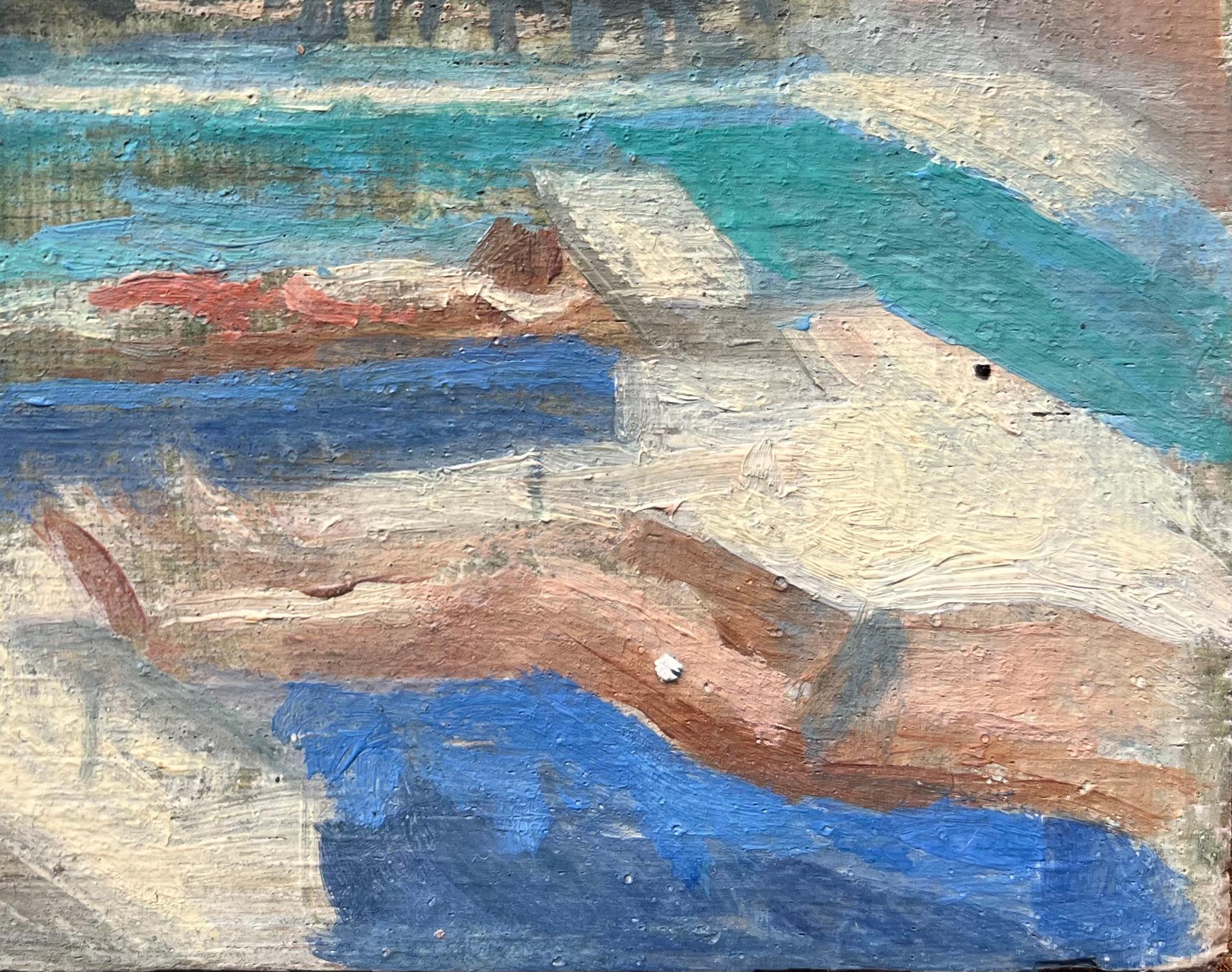 Scena di piscina illuminata dal sole con figure
di Bernadette Kelly (francese, nata nel 1933)
Senza segno
Medium: pittura a olio su tavola, senza cornice
Dimensioni del dipinto: 3,75 pollici (altezza) x 6 pollici (larghezza)
Condit: complessivamente