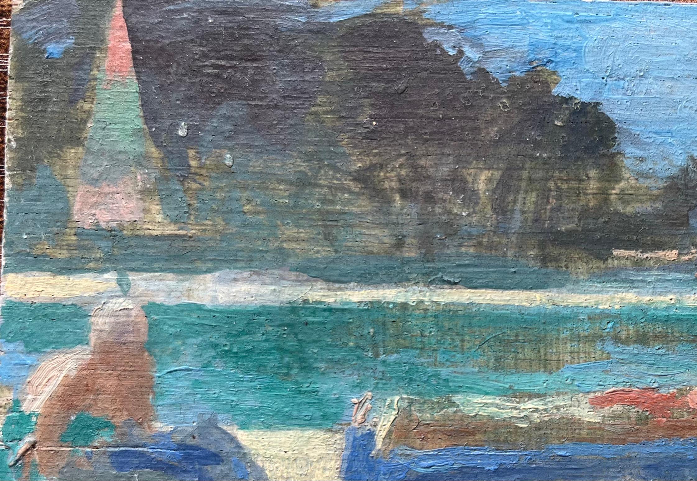 Quadro a olio modernista francese con scena di piscina illuminata dal sole e figure che prendono il sole in vendita 1