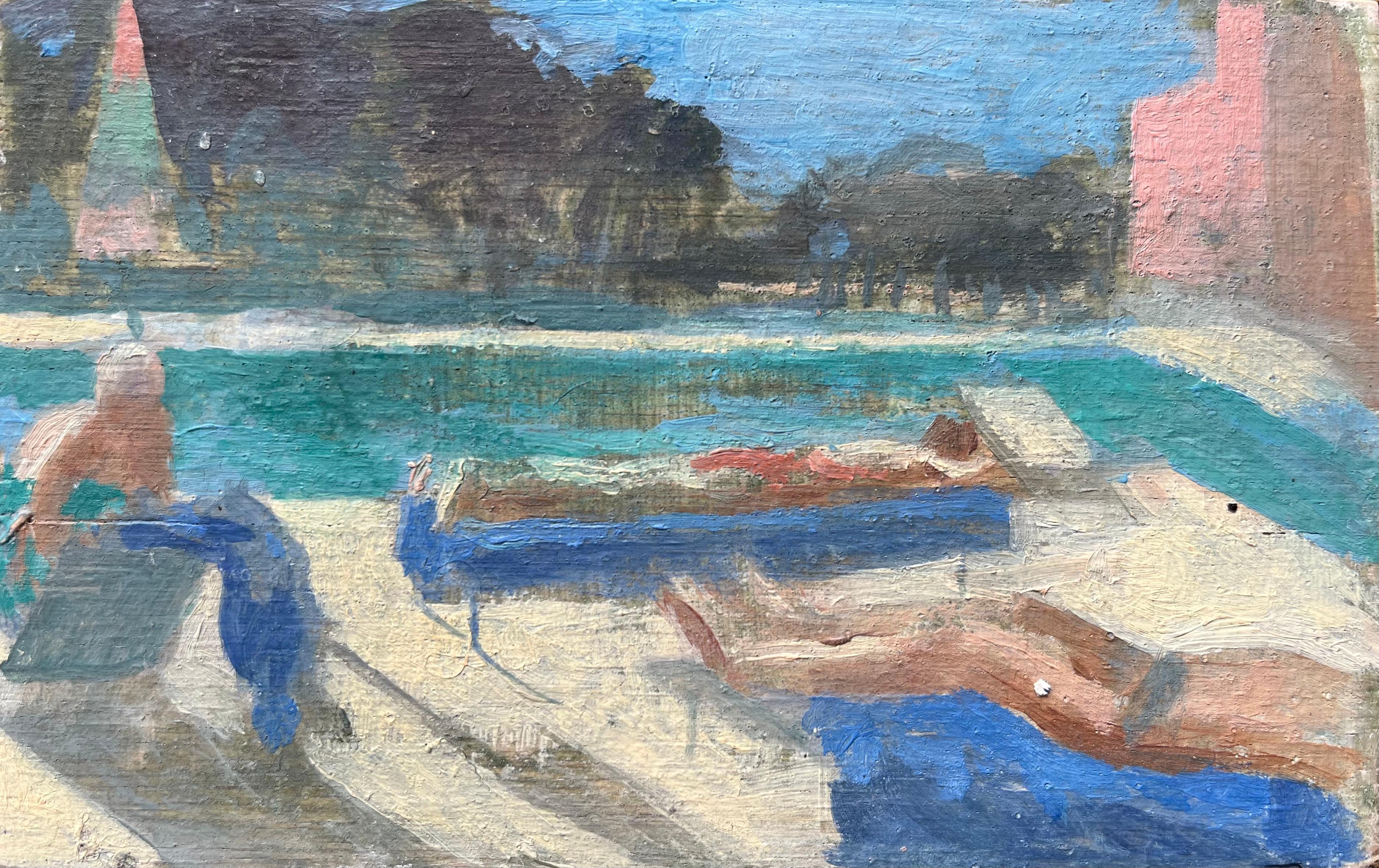 Interior Painting di Bernadette Kelly - Quadro a olio modernista francese con scena di piscina illuminata dal sole e figure che prendono il sole