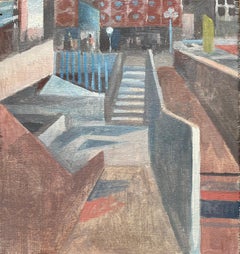 Pittura a olio modernista francese di una scala urbana e di una scena architettonica