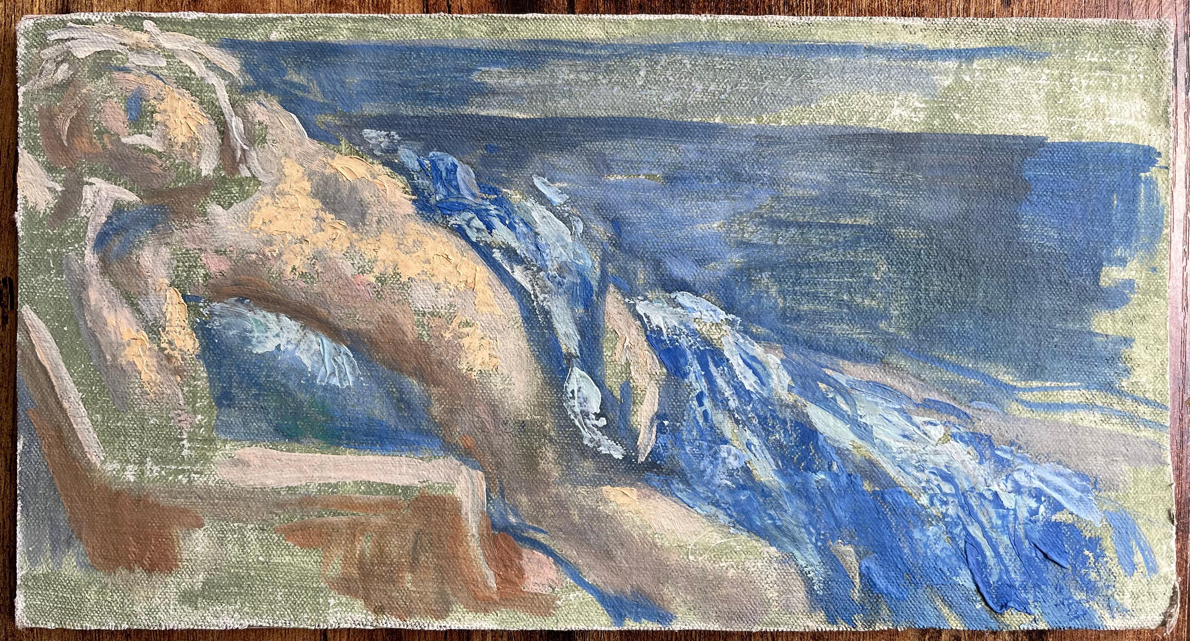 Pittura ad olio figurativa francese moderna Nudo reclinato su un divano con coperta blu - Painting di Bernadette Kelly