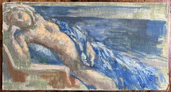 Modern French Figurative Oil Painting Reclining Nude on a Sofa with Blue Blanket