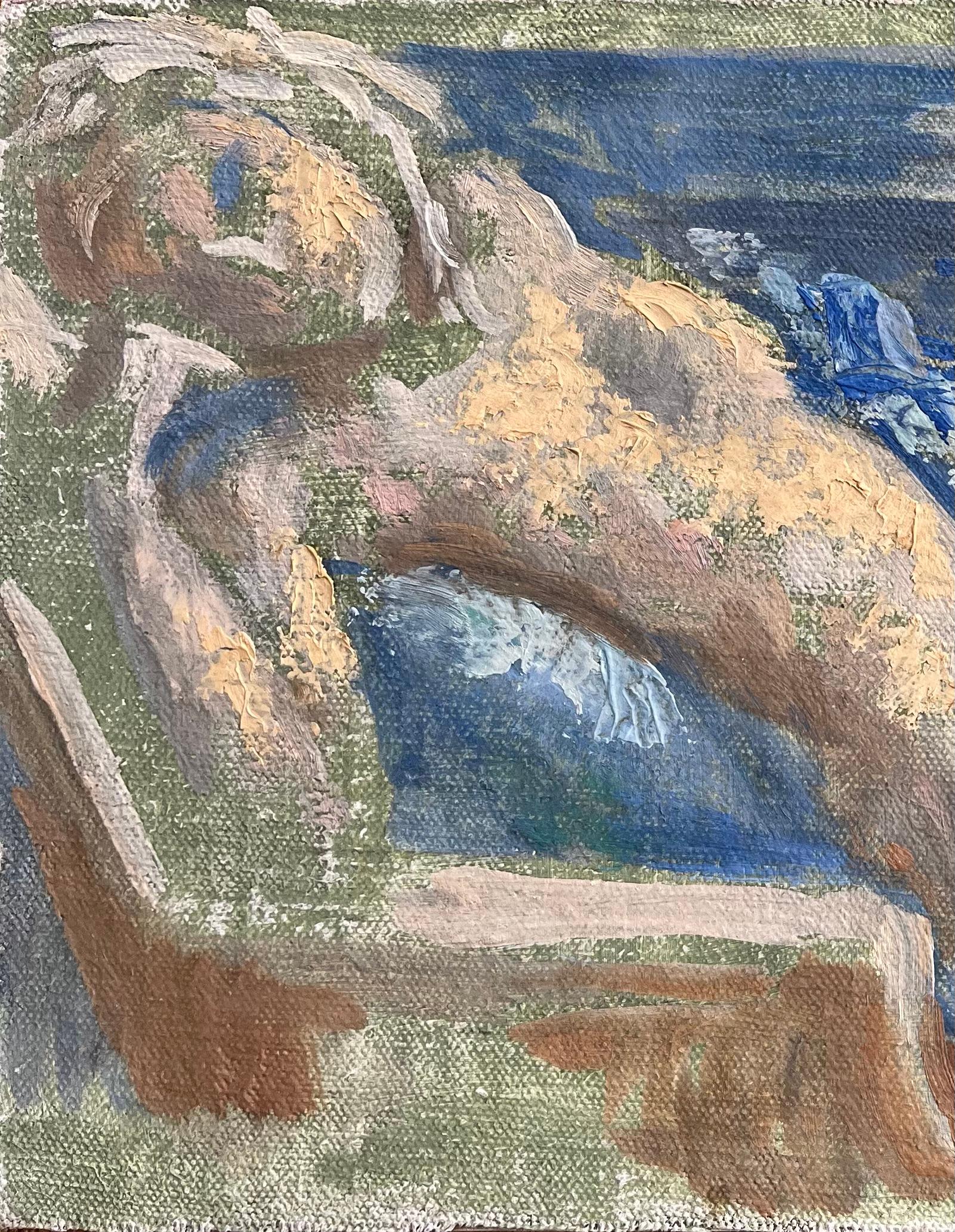 Pittura ad olio figurativa francese moderna Nudo reclinato su un divano con coperta blu - Painting Moderno di Bernadette Kelly