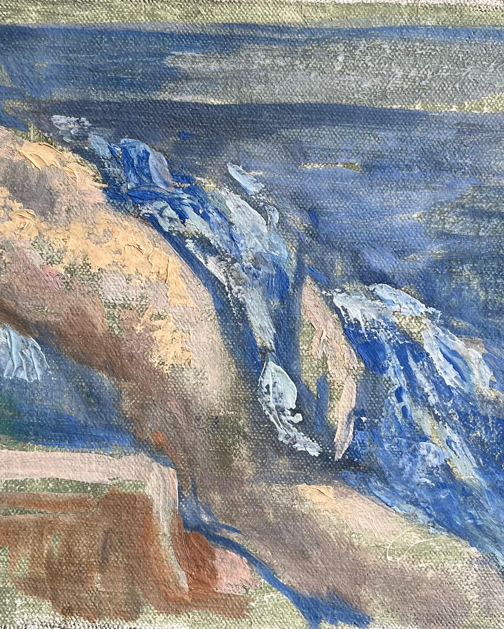 Pittura ad olio figurativa francese moderna Nudo reclinato su un divano con coperta blu - Interior Painting Grigio di Bernadette Kelly