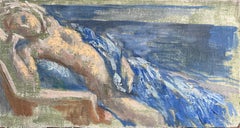 Pittura ad olio figurativa francese moderna Nudo reclinato su un divano con coperta blu