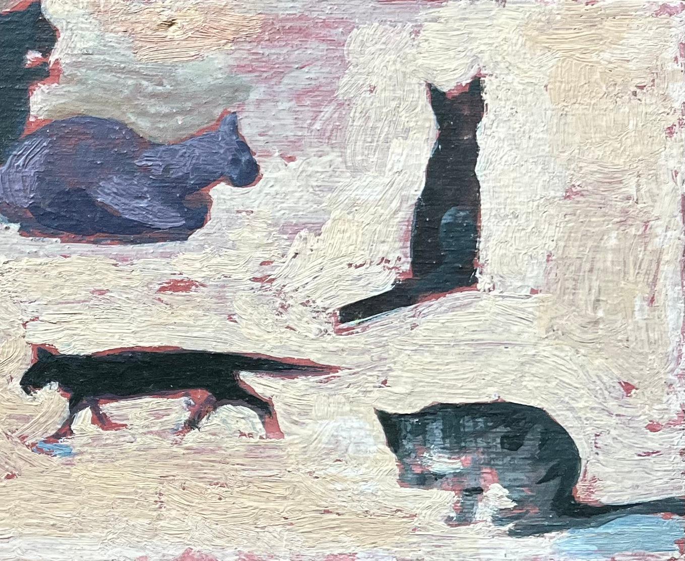 Pittura a olio francese moderna Gatti neri astratti in scena espressiva e giocosa - Painting Moderno di Bernadette Kelly
