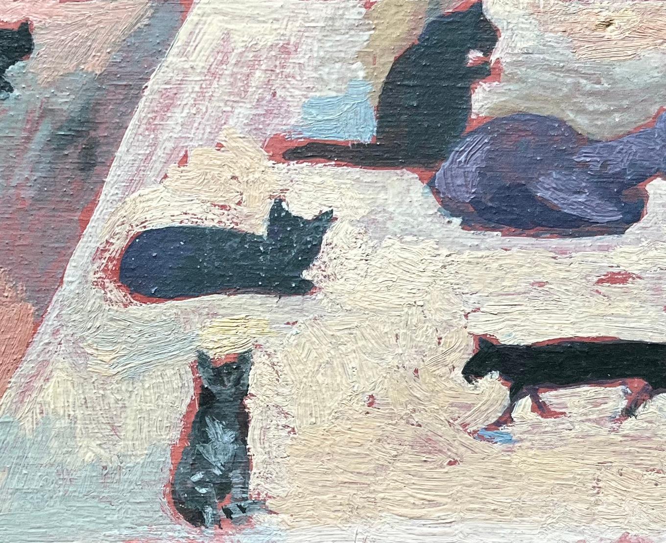 Pittura a olio francese moderna Gatti neri astratti in scena espressiva e giocosa - Figurative Painting Beige di Bernadette Kelly
