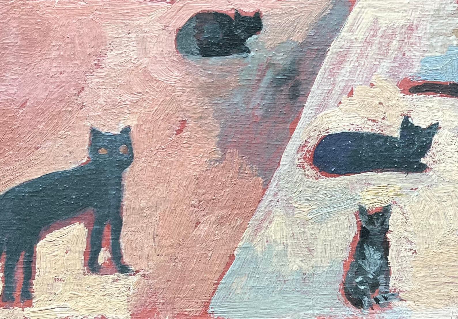 Titolo: Pittura a olio francese moderna Gatti neri astratti in scena espressiva e giocosa
di Bernadette Kelly (francese, nata nel 1933)
Senza segno
Medium: pittura a olio su tavola, senza cornice
Dimensioni del dipinto: 3,75 pollici (altezza) x
