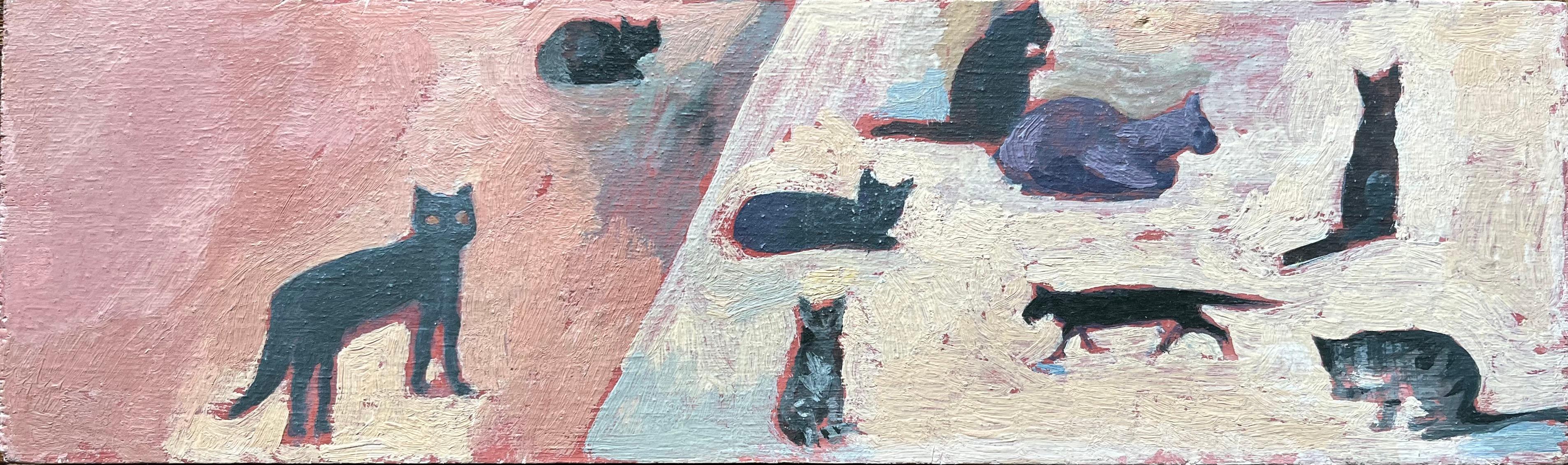 Figurative Painting di Bernadette Kelly - Pittura a olio francese moderna Gatti neri astratti in scena espressiva e giocosa