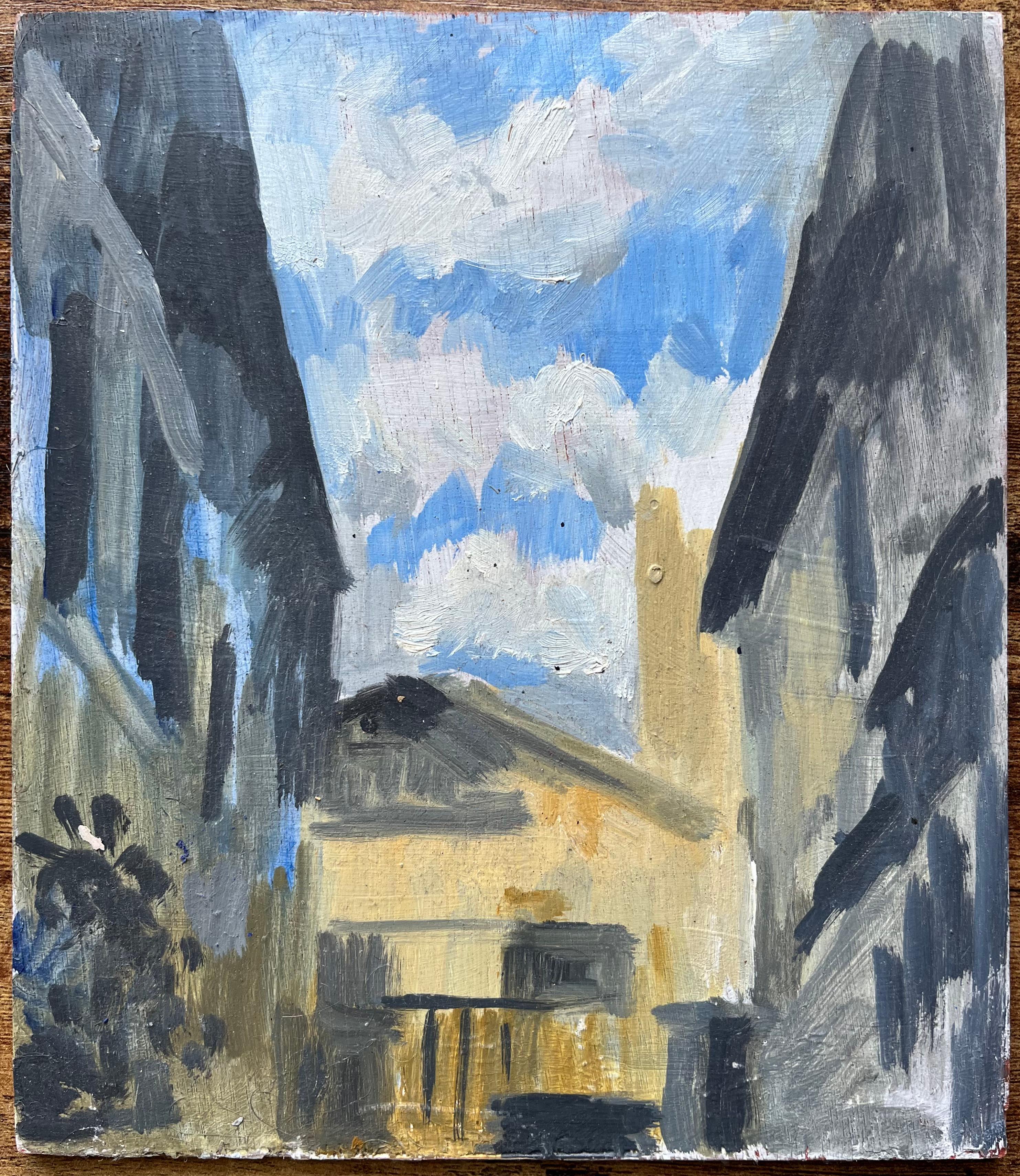 Óleo Francés Moderno Escena de calle arquitectónica con cielo expresivo - Painting de Bernadette Kelly