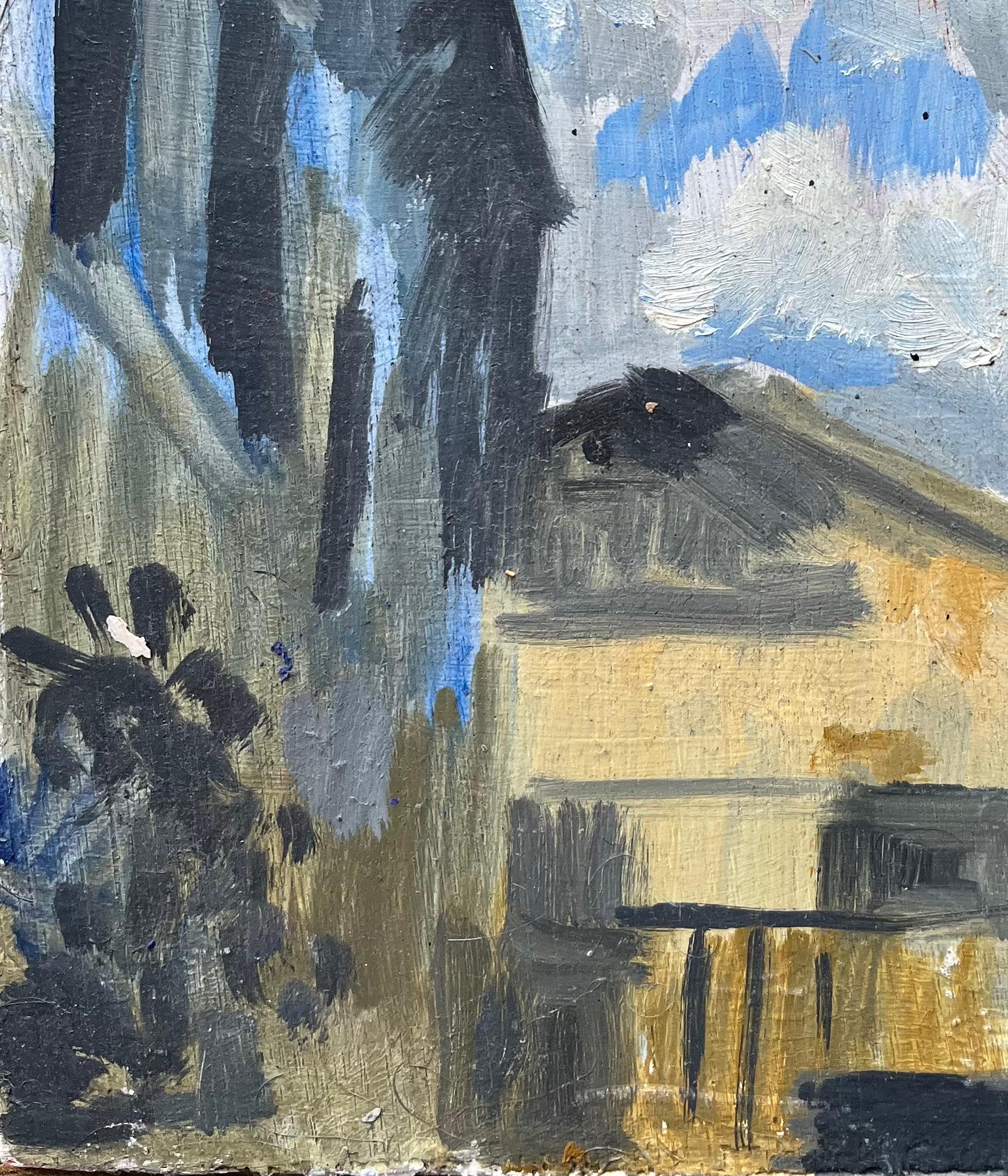 Óleo Francés Moderno Escena de calle arquitectónica con cielo expresivo - Figurative Painting Gris de Bernadette Kelly