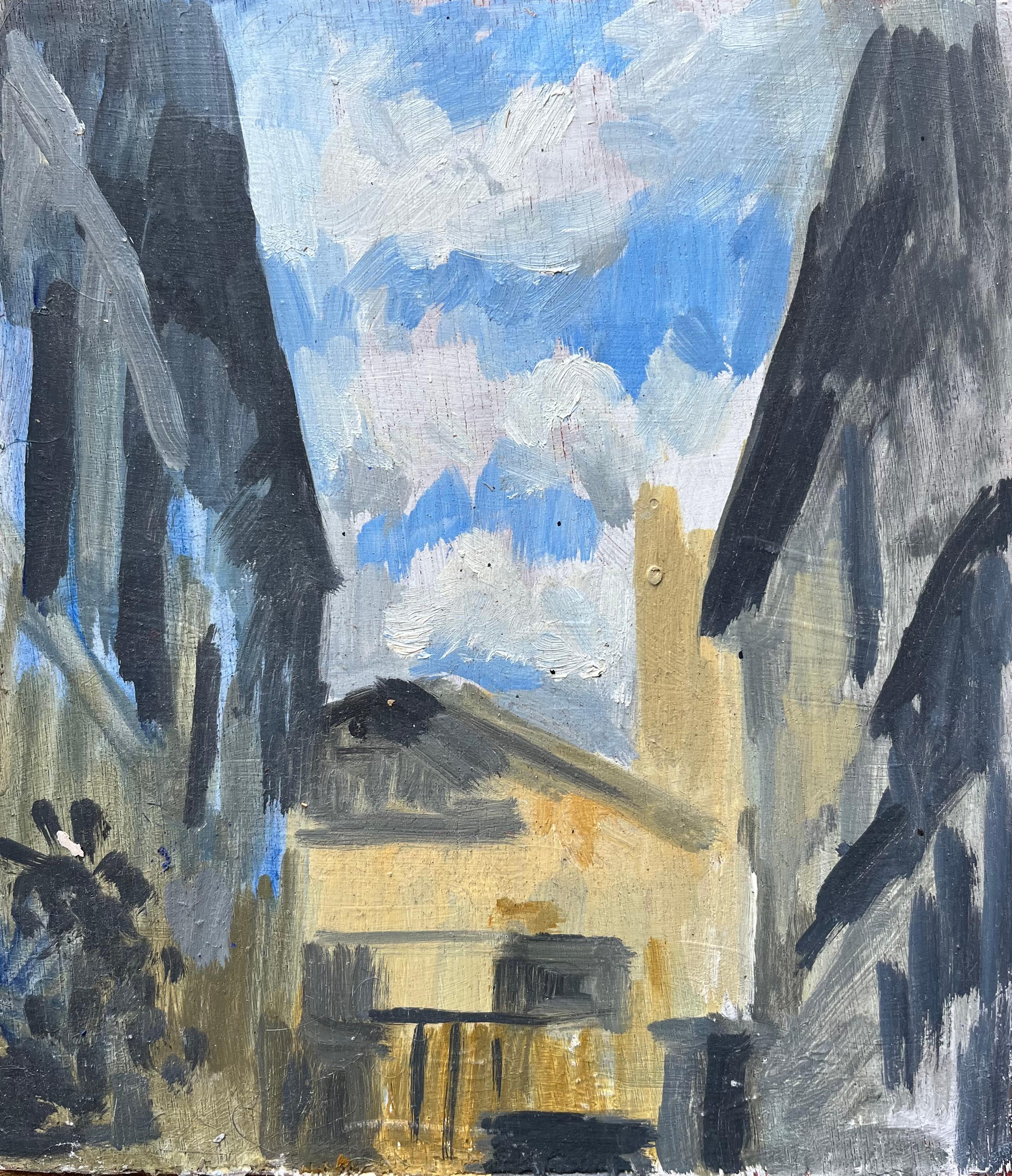 Figurative Painting de Bernadette Kelly - Óleo Francés Moderno Escena de calle arquitectónica con cielo expresivo
