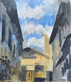 Peinture à l'huile française moderne représentant une scène de rue architecturale avec un ciel expressif