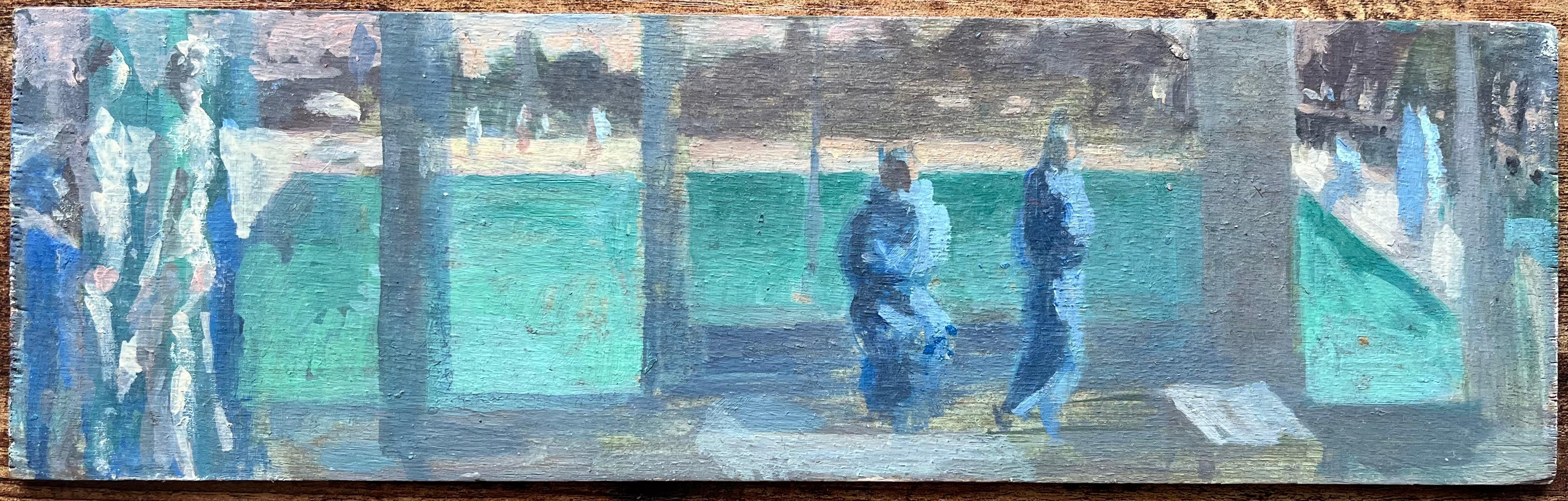 Pittura a olio francese moderna Figure a bordo piscina con interno di una casa a bordo piscina - Painting di Bernadette Kelly