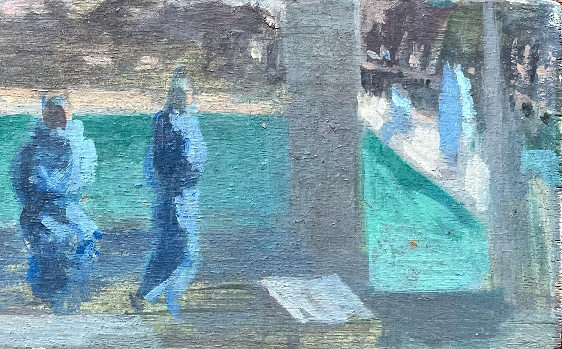 Pittura a olio francese moderna Figure a bordo piscina con interno di una casa a bordo piscina - Painting Moderno di Bernadette Kelly