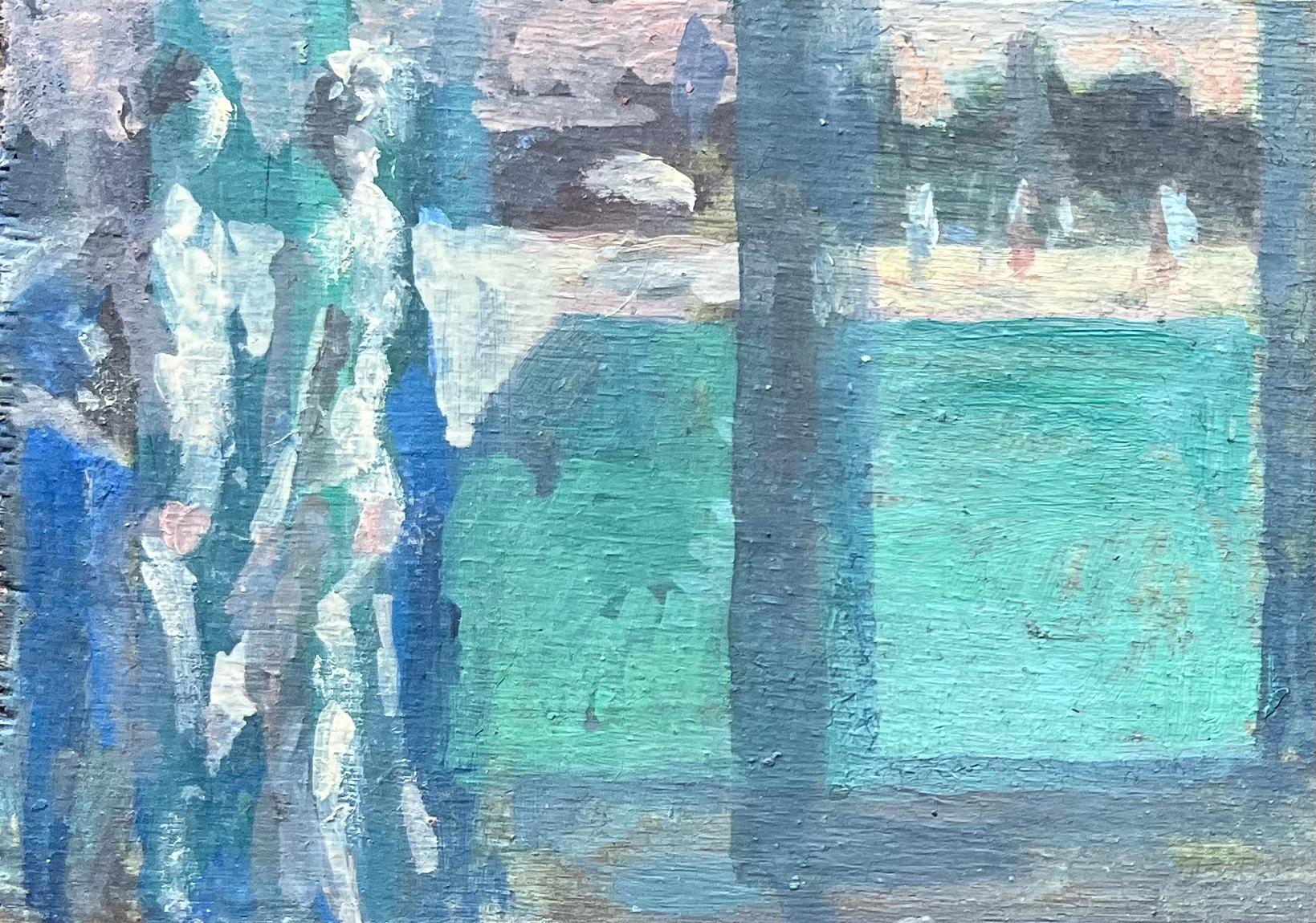 Titolo: Pittura a olio francese moderna Figure a bordo piscina con interni di una casa a bordo piscina
di Bernadette Kelly (francese, nata nel 1933)
Senza segno
Medium: pittura a olio su tavola, senza cornice
Dimensioni del dipinto: 4,75 pollici