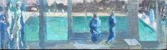 Französisches modernes Ölgemälde, Figuren am Pool, mit Inneneinrichtung des Poolhauses