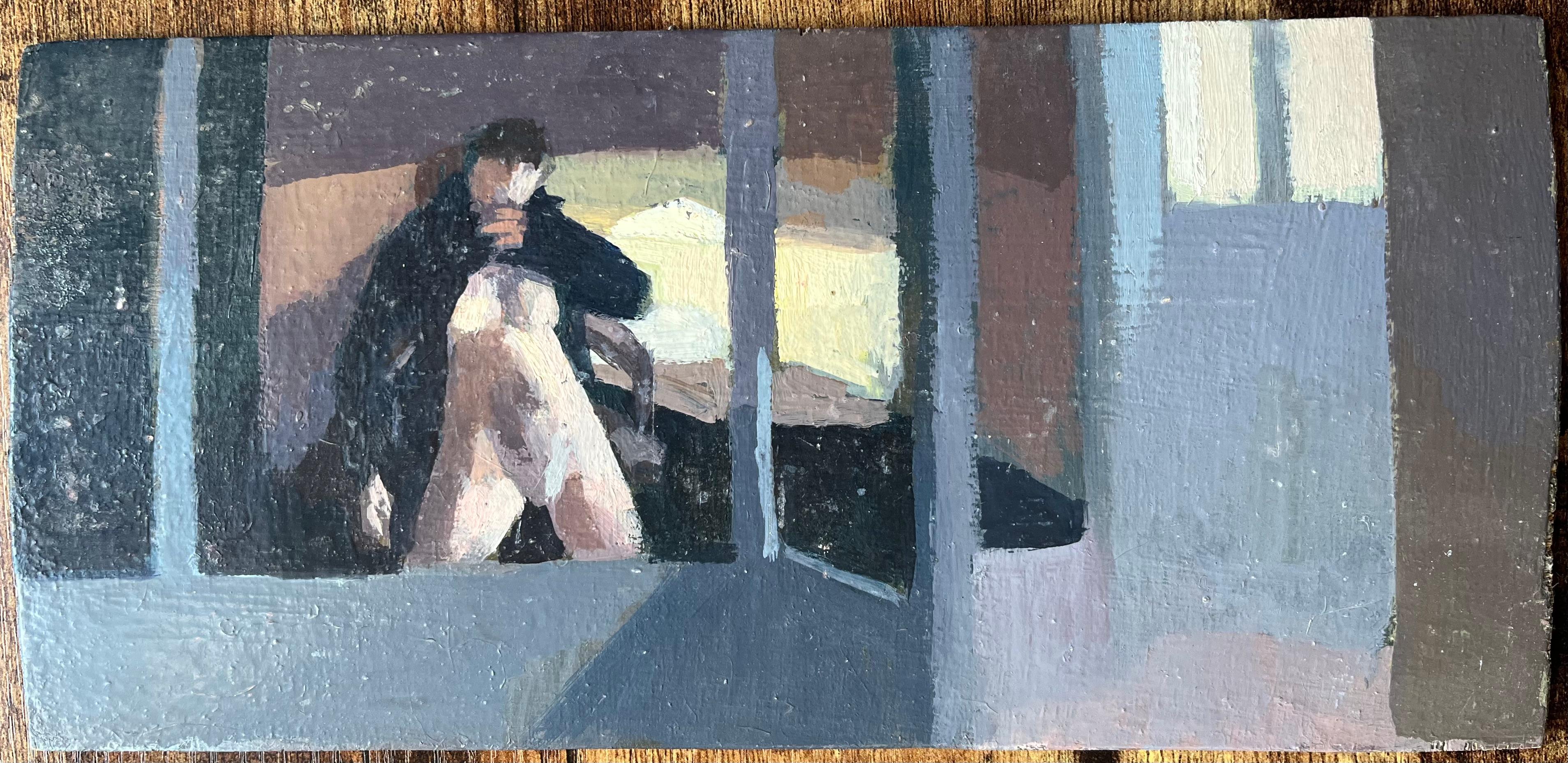 Title: Modern French Oil Painting Nude Figure in Black Robe Smoking by a Window
by Bernadette Kelly (French b. 1933)
Unsigned
Medium: oil painting on board, unframed
Painting size: 5.5 inches (height) x 11.75 inches (width)
Condition: overall  good