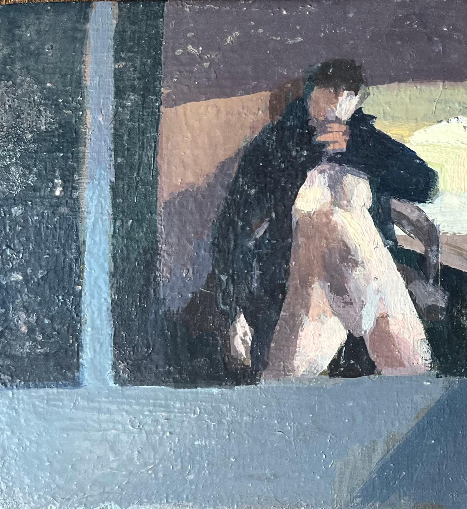 Modern French Oil Painting Nude Figure in Black Robe Smoking by a Window For Sale 1