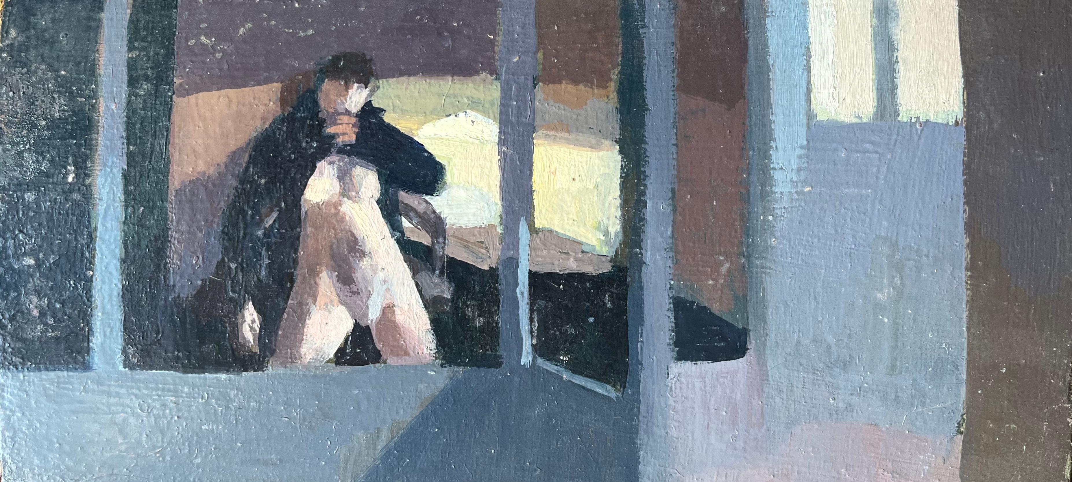 Bernadette Kelly Figurative Painting - Modern French Oil Painting Nude Figure in Black Robe Smoking by a Window