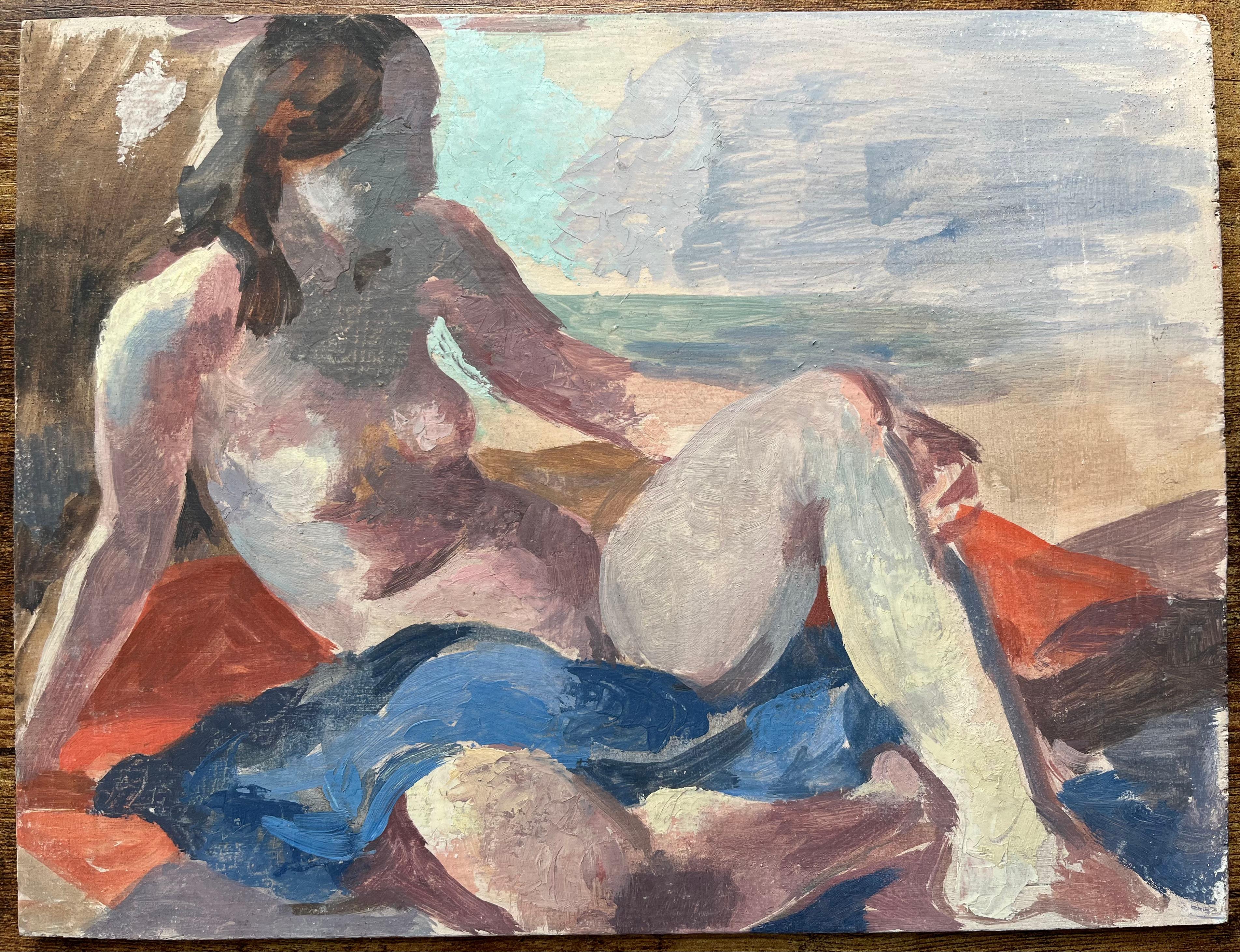Pittura a olio francese moderna Donna nuda sulla spiaggia Scena figurativa costiera - Painting di Bernadette Kelly