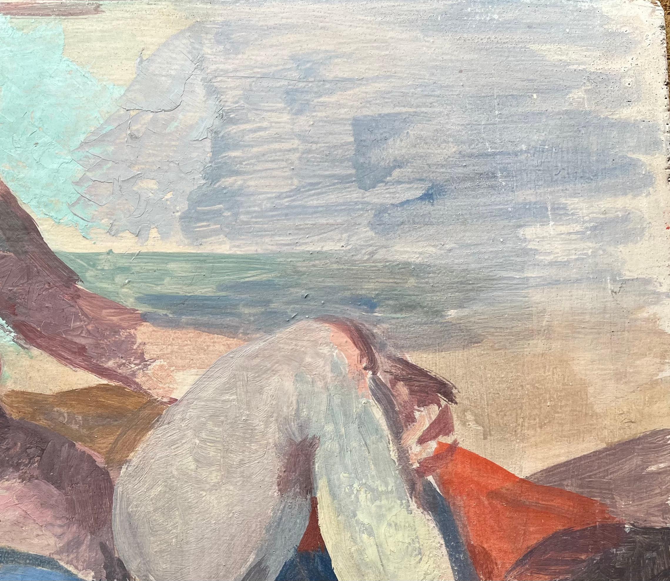Pittura a olio francese moderna Donna nuda sulla spiaggia Scena figurativa costiera - Interior Painting Marrone di Bernadette Kelly