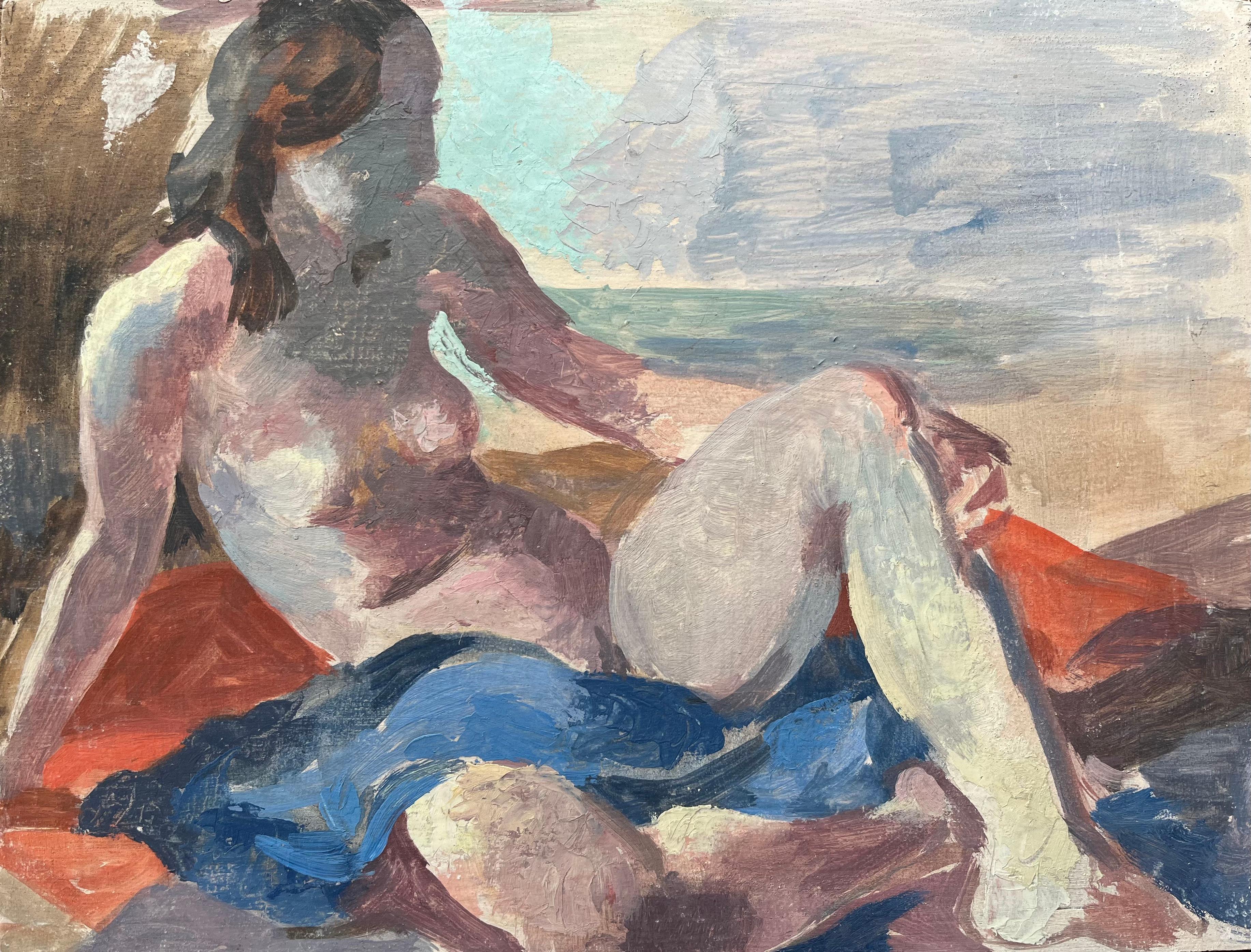 Interior Painting di Bernadette Kelly - Pittura a olio francese moderna Donna nuda sulla spiaggia Scena figurativa costiera