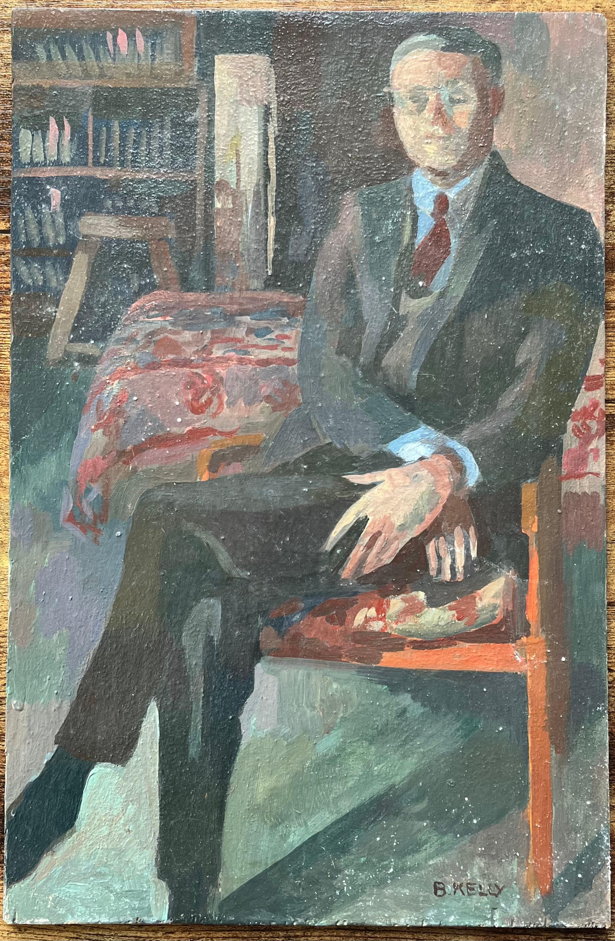 Óleo francés moderno Retrato de hombre en una escena interior de biblioteca - Painting de Bernadette Kelly