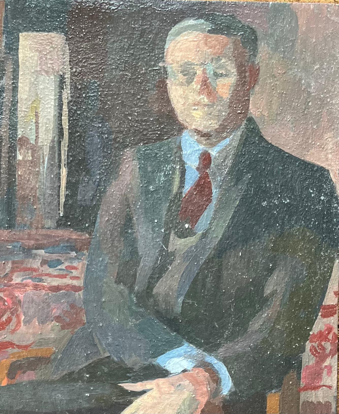 Óleo francés moderno Retrato de hombre en una escena interior de biblioteca - Painting Moderno de Bernadette Kelly