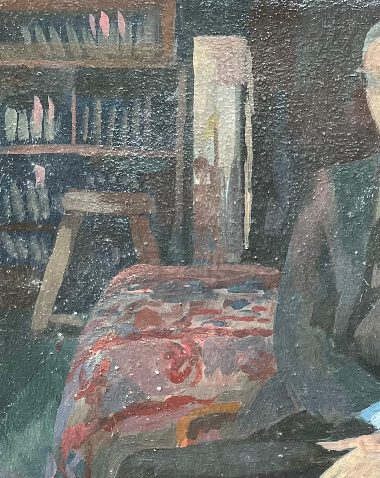 Óleo francés moderno Retrato de hombre en una escena interior de biblioteca - Figurative Painting Gris de Bernadette Kelly