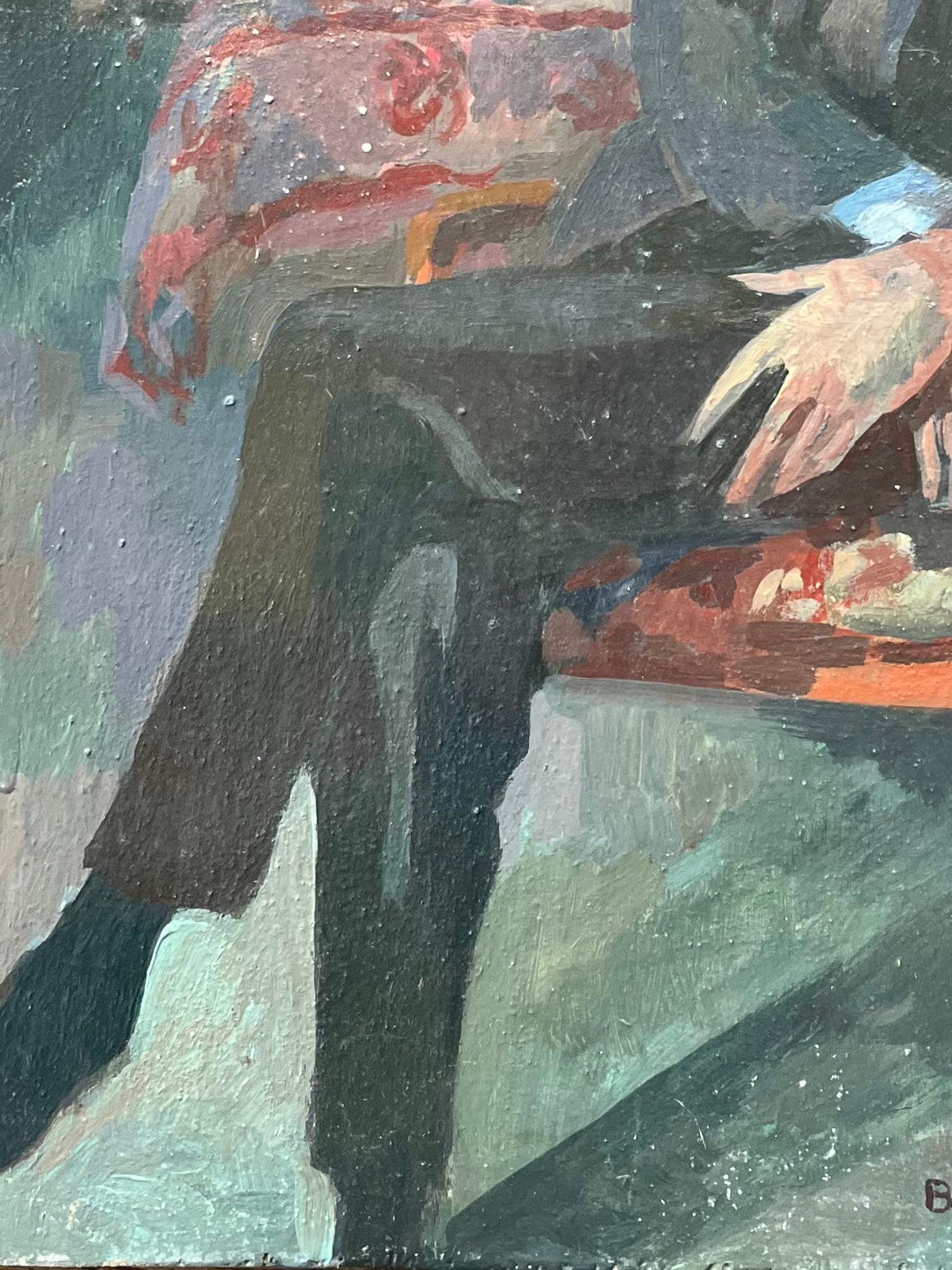 Óleo francés moderno Retrato de hombre en una escena interior de biblioteca en venta 1